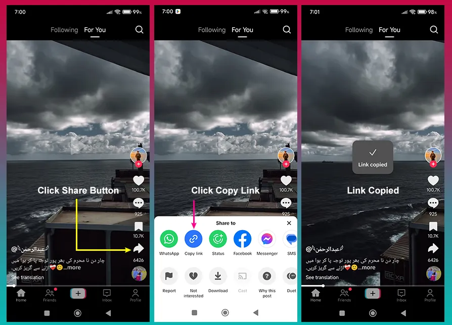 TikTok share sheet showing Copy link option — step 1